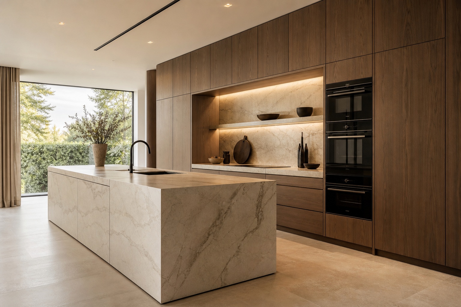 Luxury κουζίνα με custom ξύλινα ντουλάπια και νησίδα από φυσική πέτρα