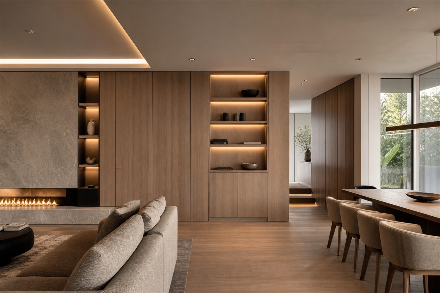 Luxury κατοικία με custom ξύλινα ντουλάπια, φυσική πέτρα και ενσωματωμένο φωτισμό